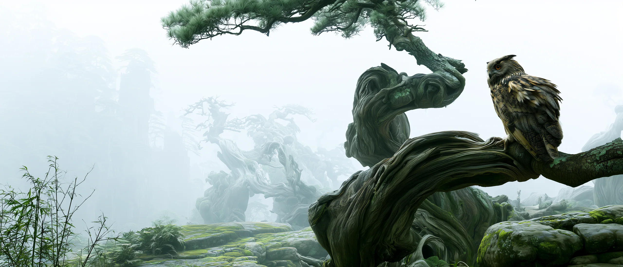 A watchful wood owl perched in an ancient misty pine grove