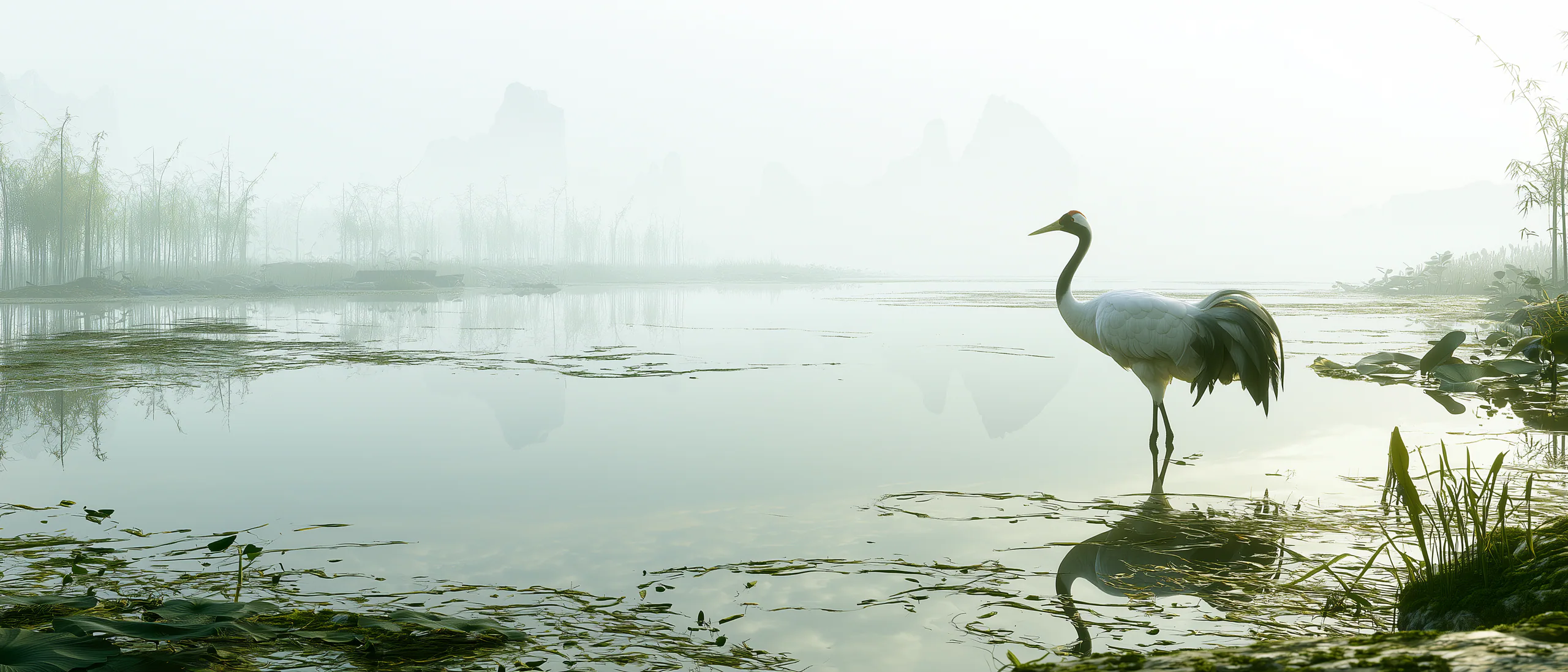 A graceful red-crowned crane reflected in a peaceful wetland
